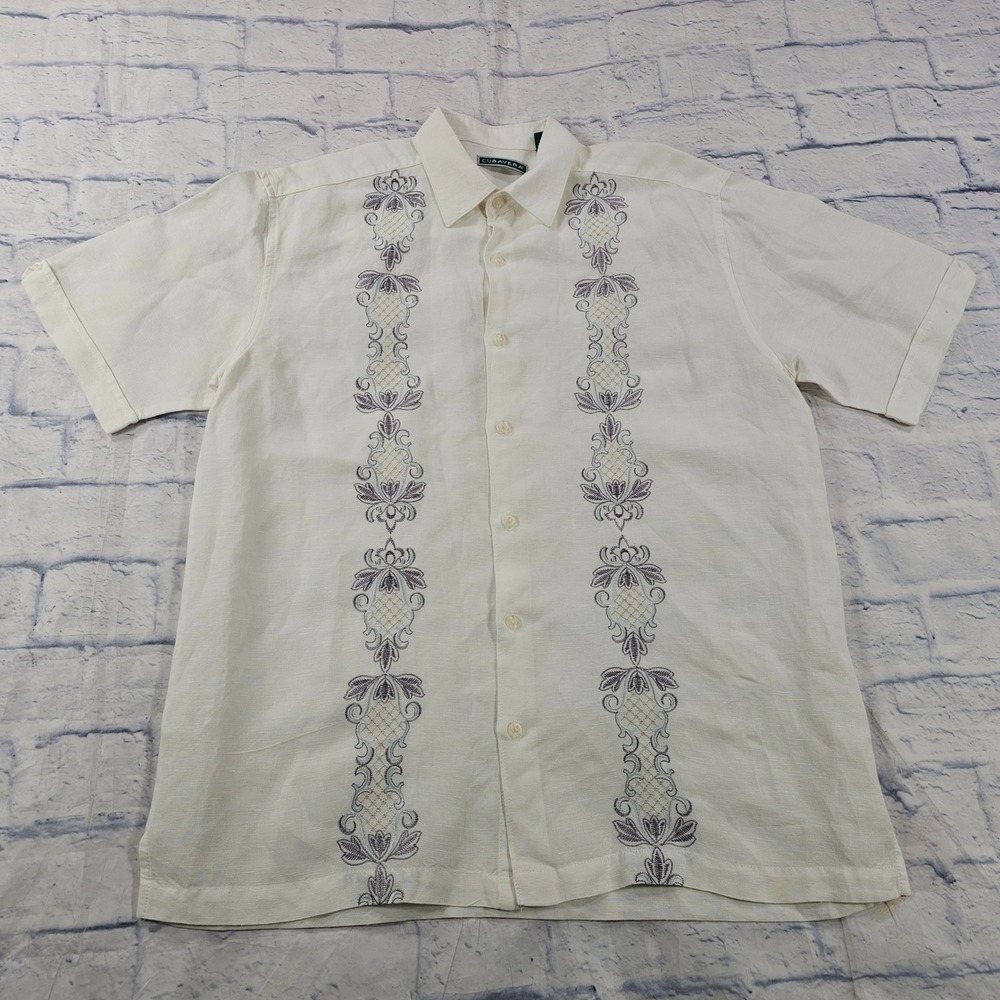 Cubavera Embroidered Guayabera Shirt Mens Medium Off-White Short Sleeve Tropical
